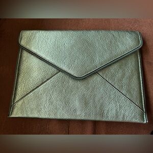 Rebecca Minkoff green leather Leo envelope clutch purse zipper detail